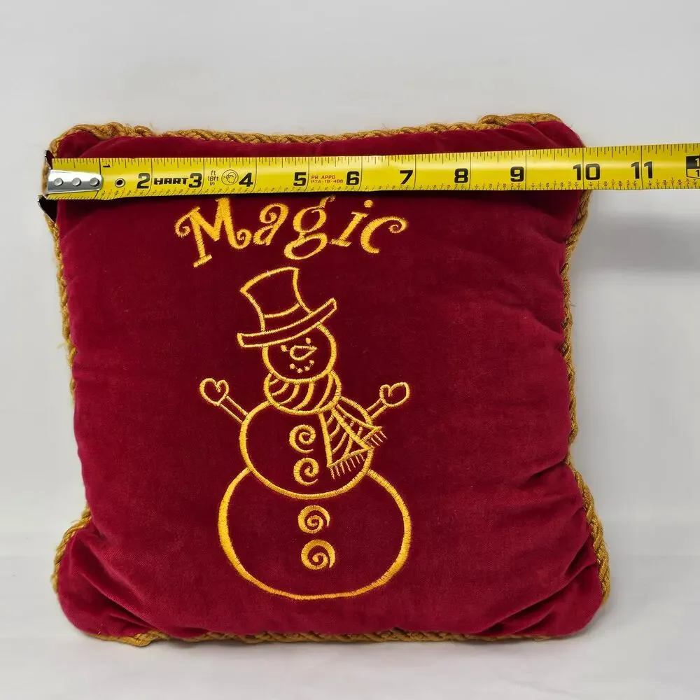 Christmas Throw Pillow Snowman Embroidered Velvet Red Gold 10 x 10 Inch Square